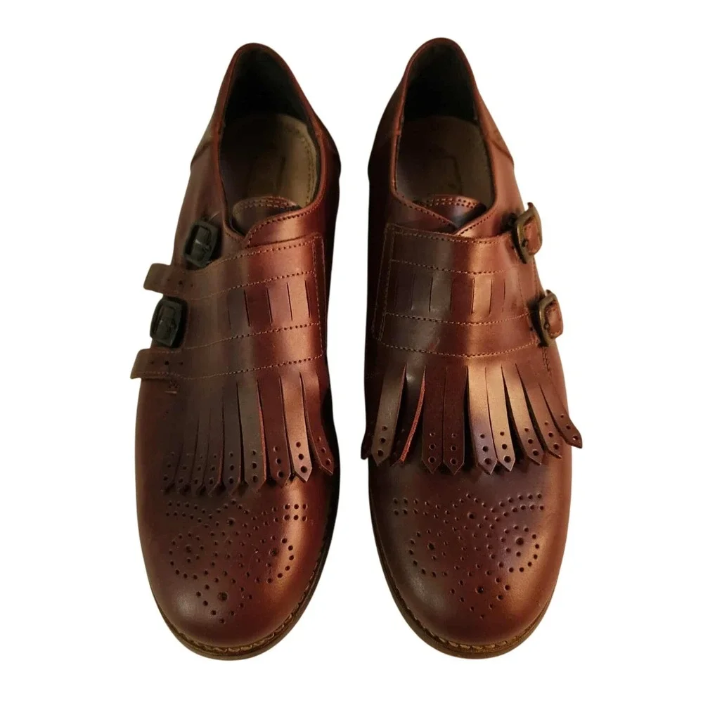 Burgundy Leather Monk Strap Loafer Shoe with Fringe and Brogue‎ Detail Men 40 eu